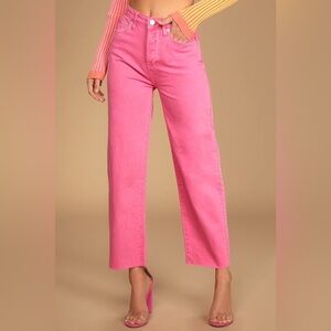 Blank NYC The Baxter Button Fly Ribcage Straight Raw Hem Cotton Pink Jeans 24